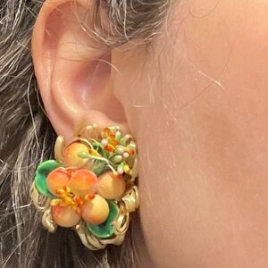 Vintage West Germany Clip Fruit Salad Earrings Peaches Raffia